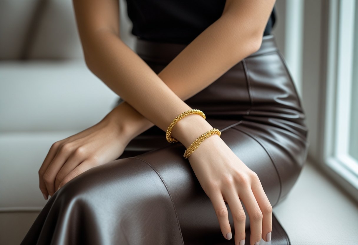 Sådan styler du en lædernederdel med et guldarmbånd